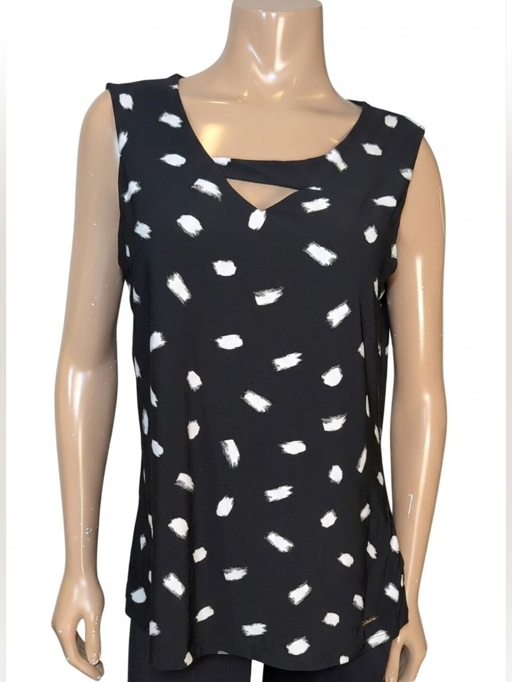 Anne Klein Black Brushstroke Print Cutout Tank Top Womens Size Large Asymmetric